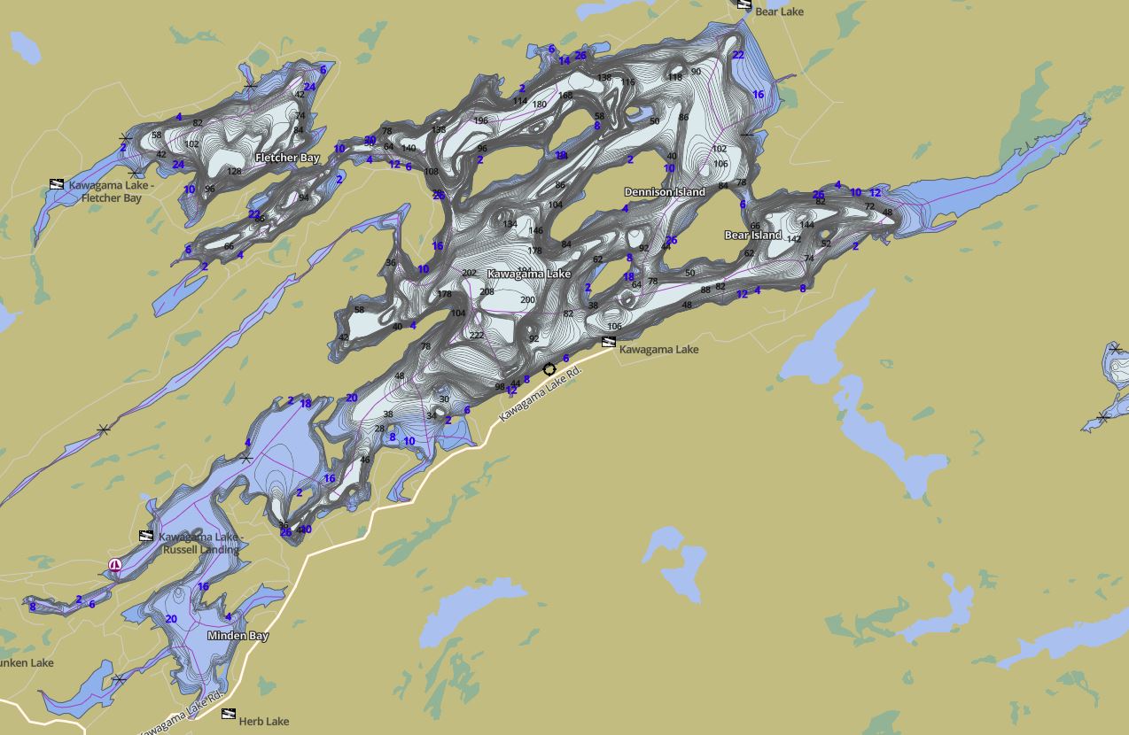 Contour Map of Kawagama Lake in Municipality of Algonquin Highlands and the District of Haliburton
